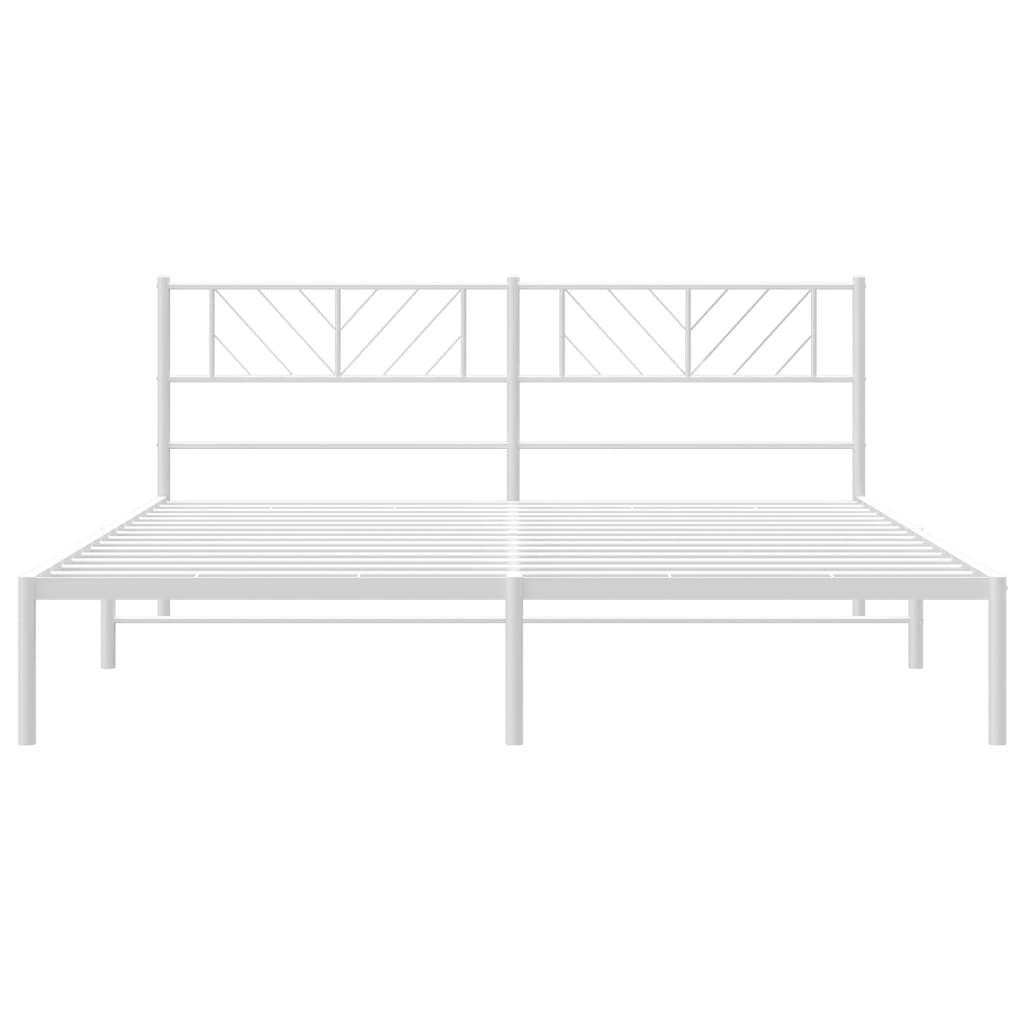 White metal bed frame with geometric headboard and platform support