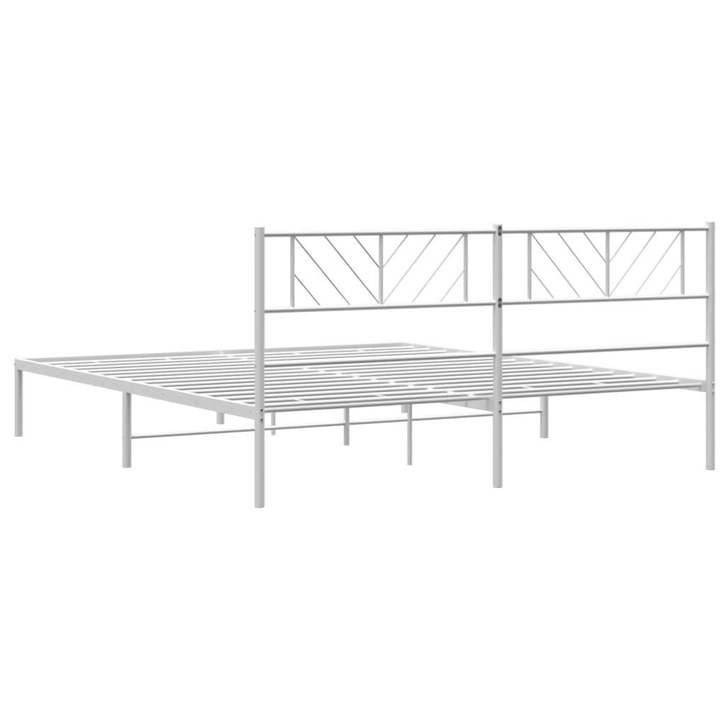 White metal bed frame with a geometric patterned headboard