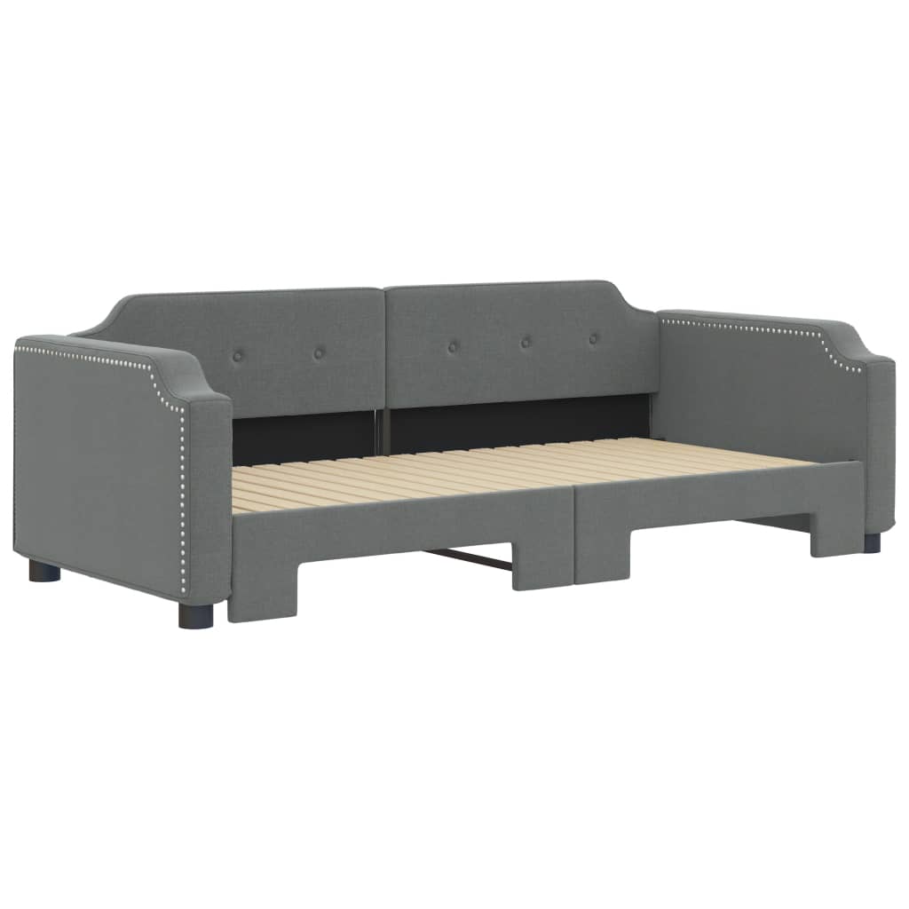 Grey upholstered convertible sofa bed with wooden slats extended