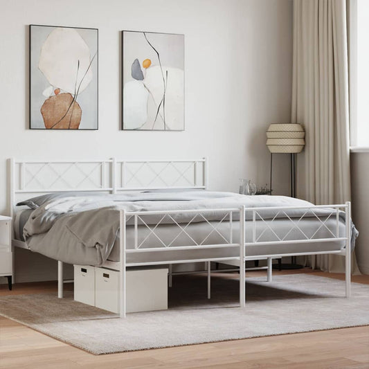 White metal twin bed frame with geometric headboard and footboard
