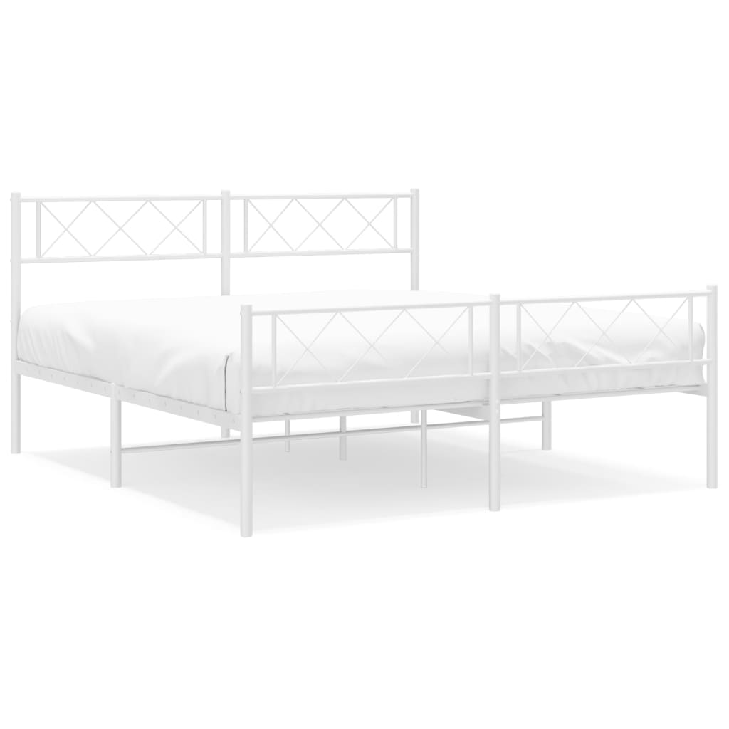 Line drawing of a white metal bed frame with diamondshaped accents on the headboard and footboard showing dimensions for length width and height