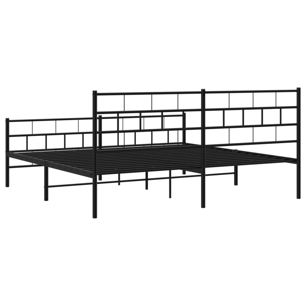 Black metal bed frame with a minimalist slatted headboard