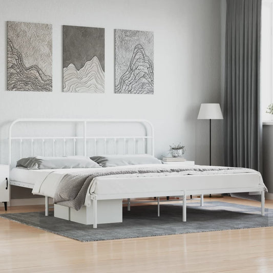 White metal platform bed frame with a rounded headboard and footboard