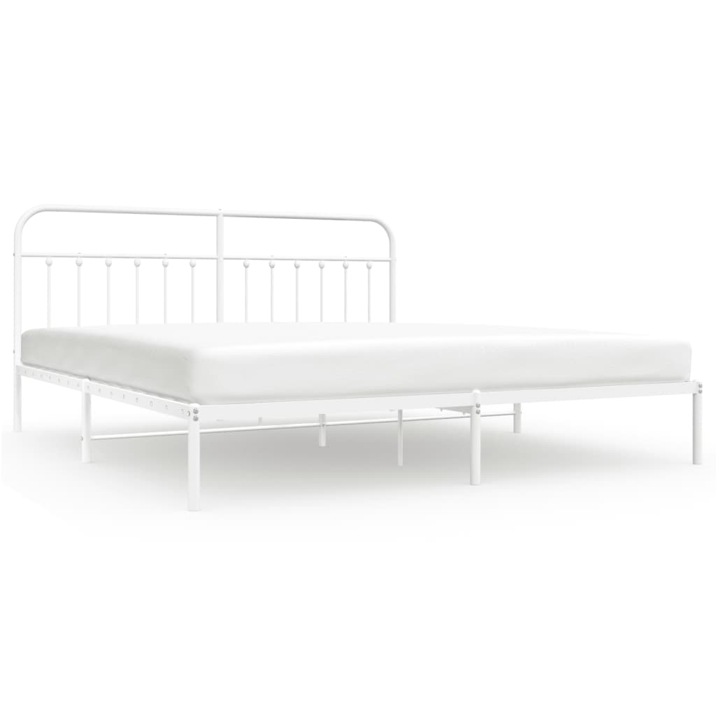 White metal bed frame with detailed dimensions for bedroom setup