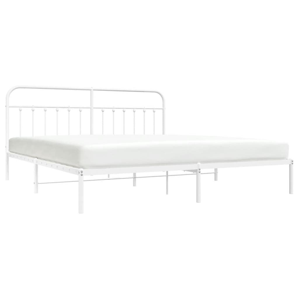 White metal queen bed frame with arched headboard and footboard