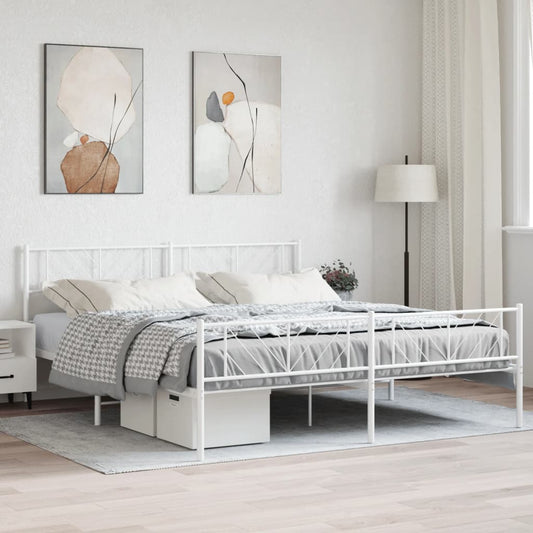 White metal platform bed frame with diamond pattern headboard and footboard