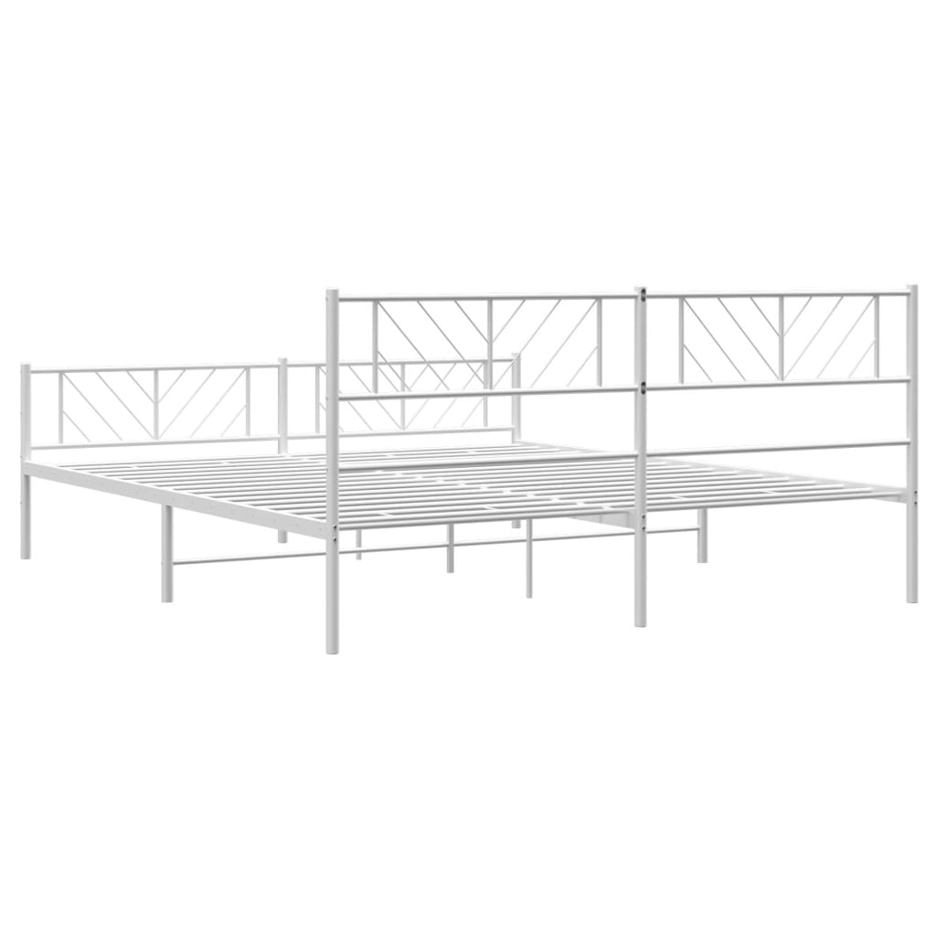 White metal platform bed frame with geometric headboard design