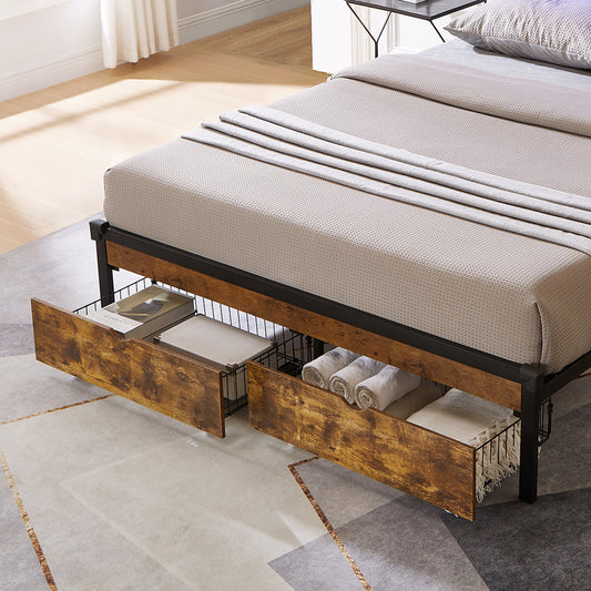 Rustic wood twin bed frame with builtin drawers for storage