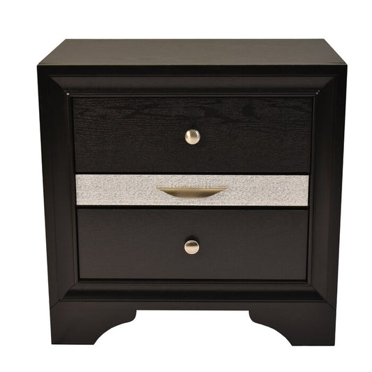 Black twodrawer nightstand with silver accent and brushed nickel hardware