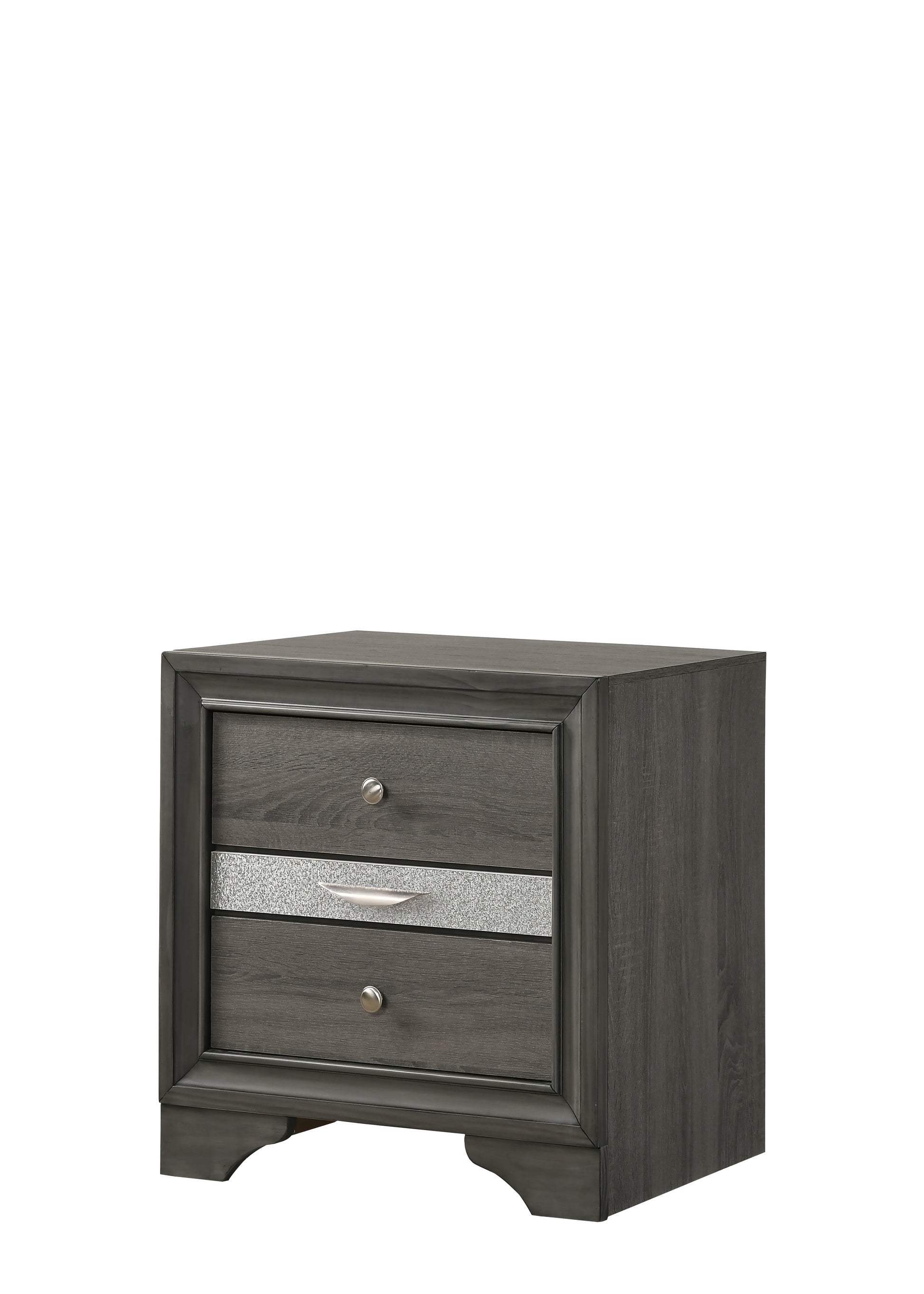 Gray wood nightstand with two drawers featuring silver accents and brushed nickel hardware