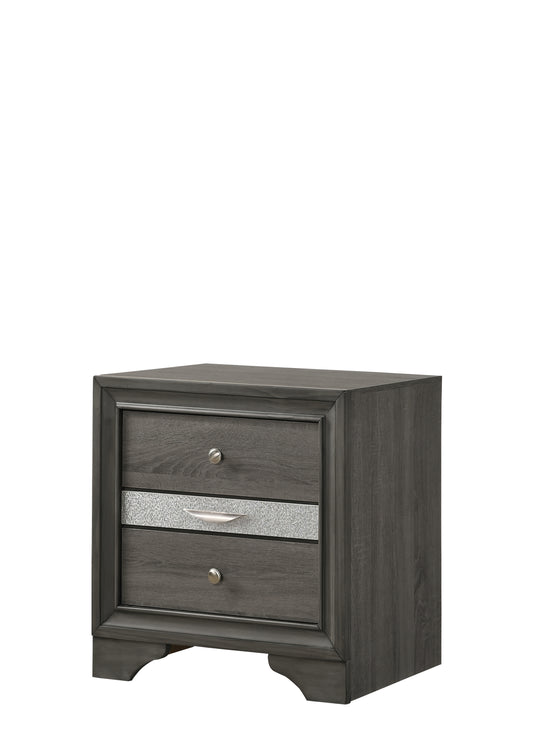 Gray wood nightstand with two drawers featuring silver accents and brushed nickel hardware
