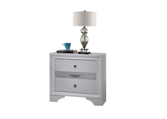 White twodrawer nightstand with crystal drawer pull and modern textured fronts