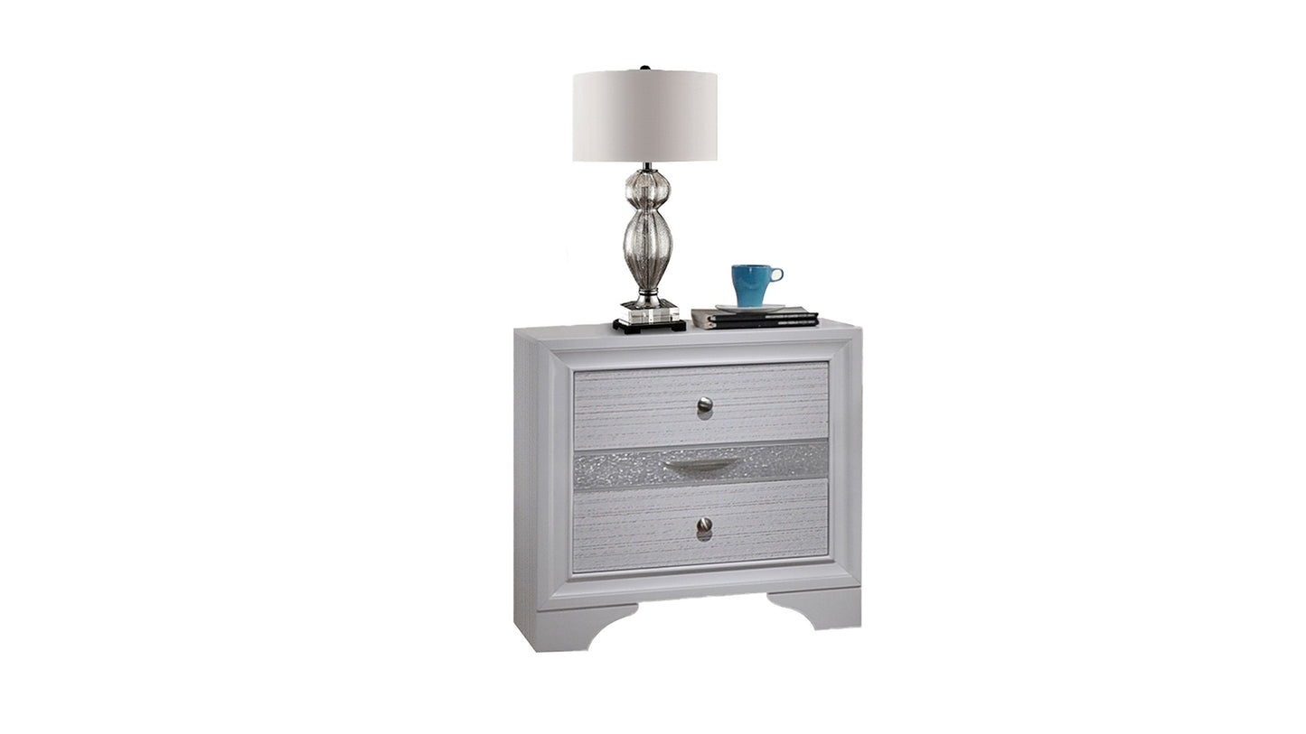 White drawer nightstand with crystalinlaid drawer and silver hardware