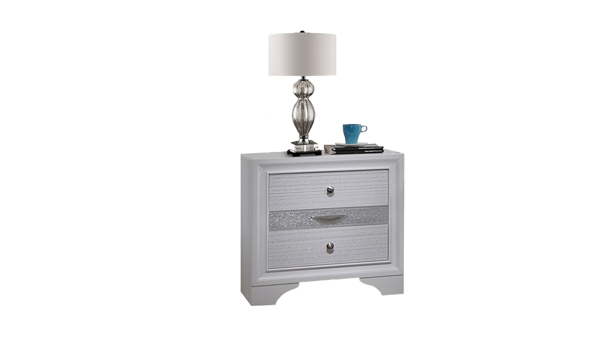 White drawer nightstand with crystalinlaid drawer and silver hardware