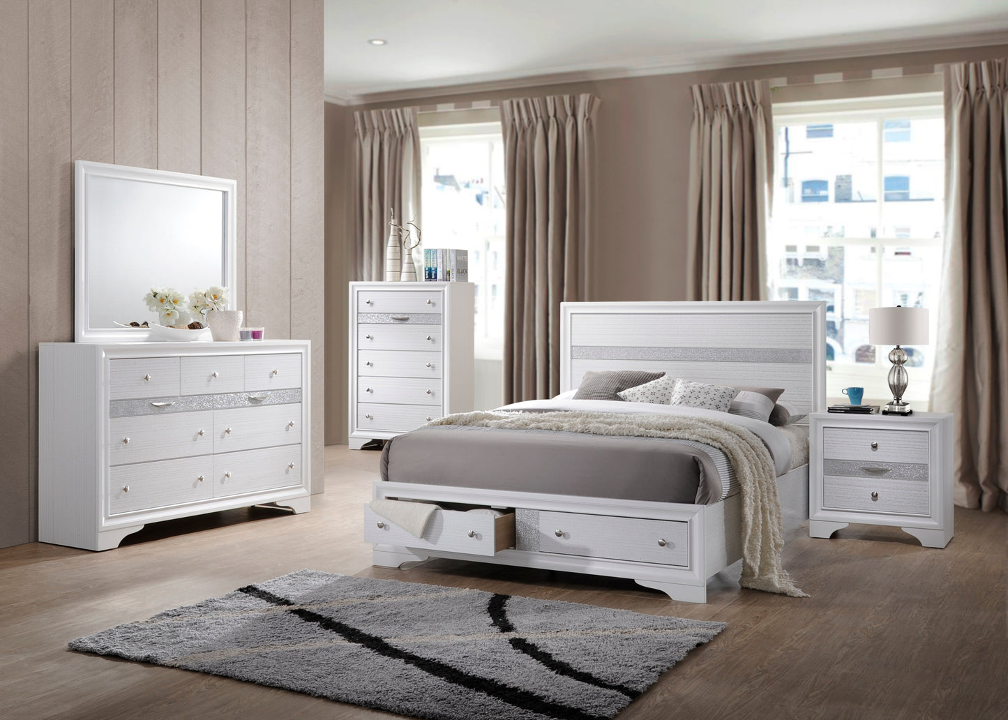White wooden bed frame with storage drawers
