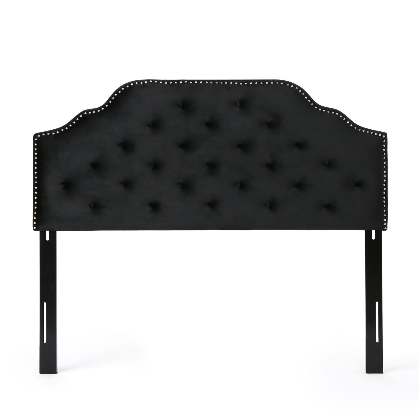 Black velvet headboard with diamond tufting and silver nailhead trim