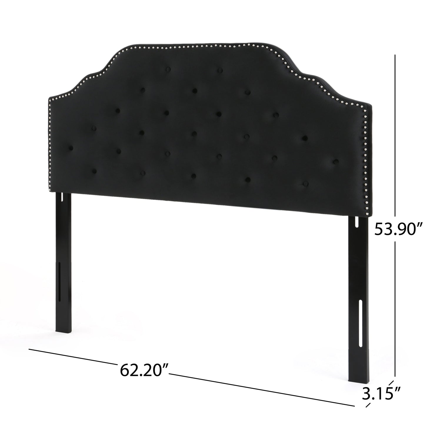 Black velvet tufted headboard with silver nailhead trim and scalloped edge