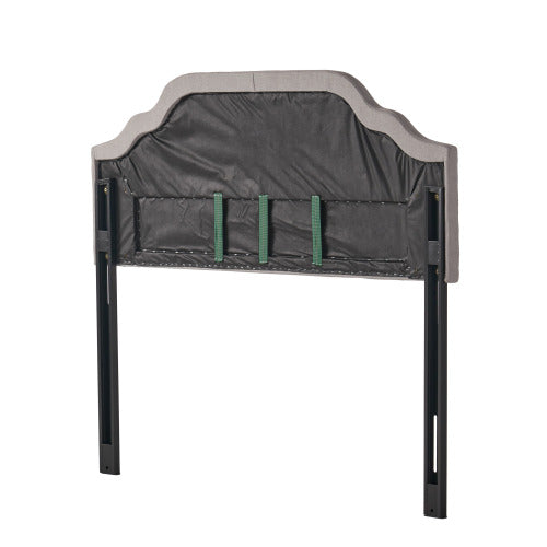 Gray upholstered headboard back view with metal frame