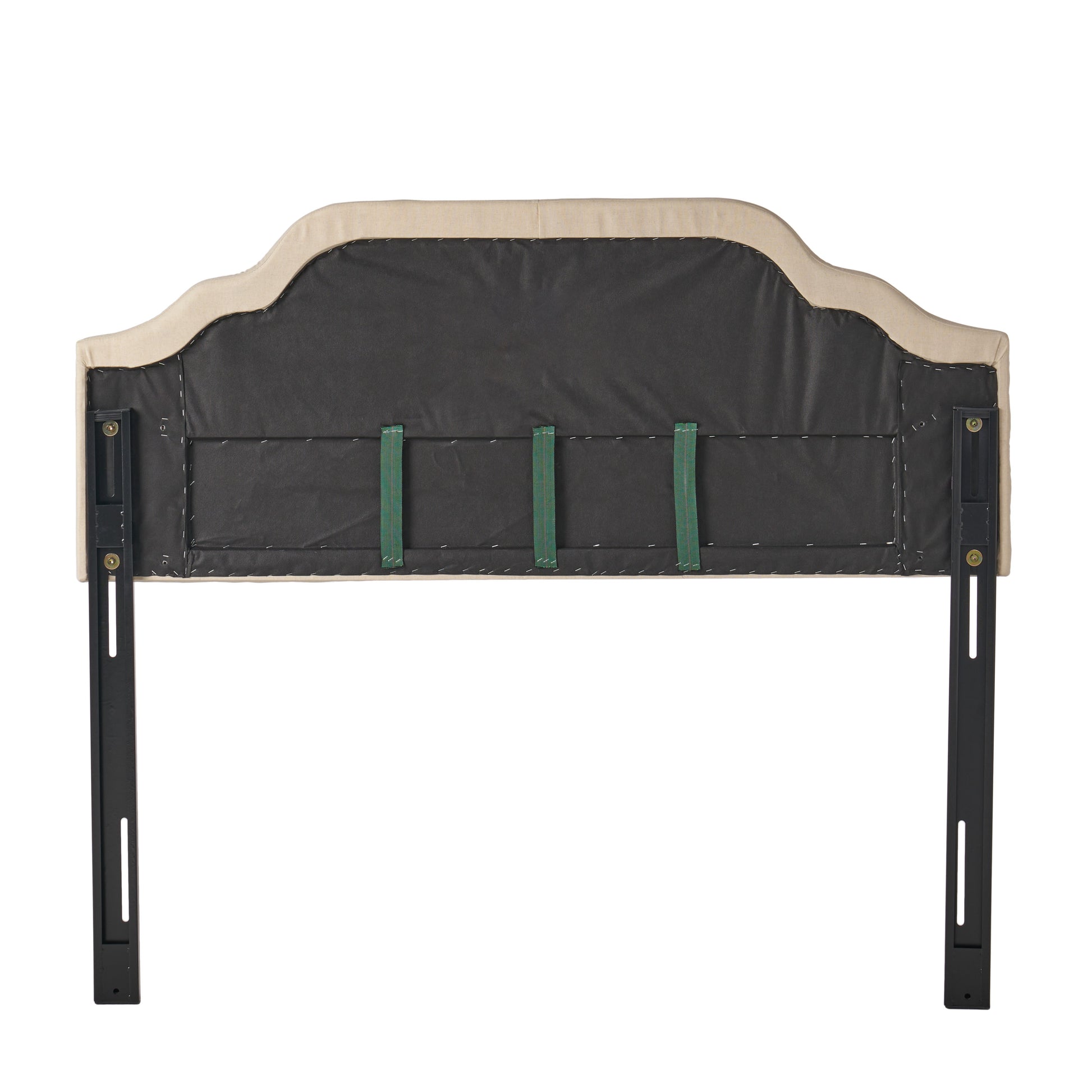 Upholstered headboard frame showing beige fabric and metal mounting brackets