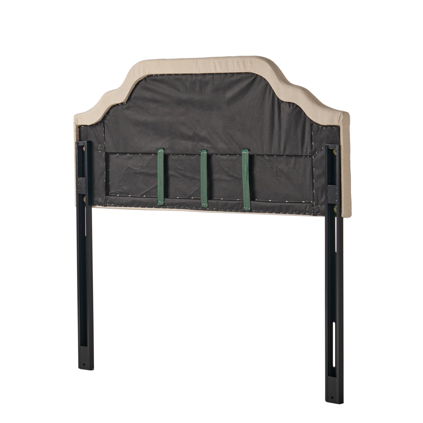Upholstered beige headboard back view with black metal legs