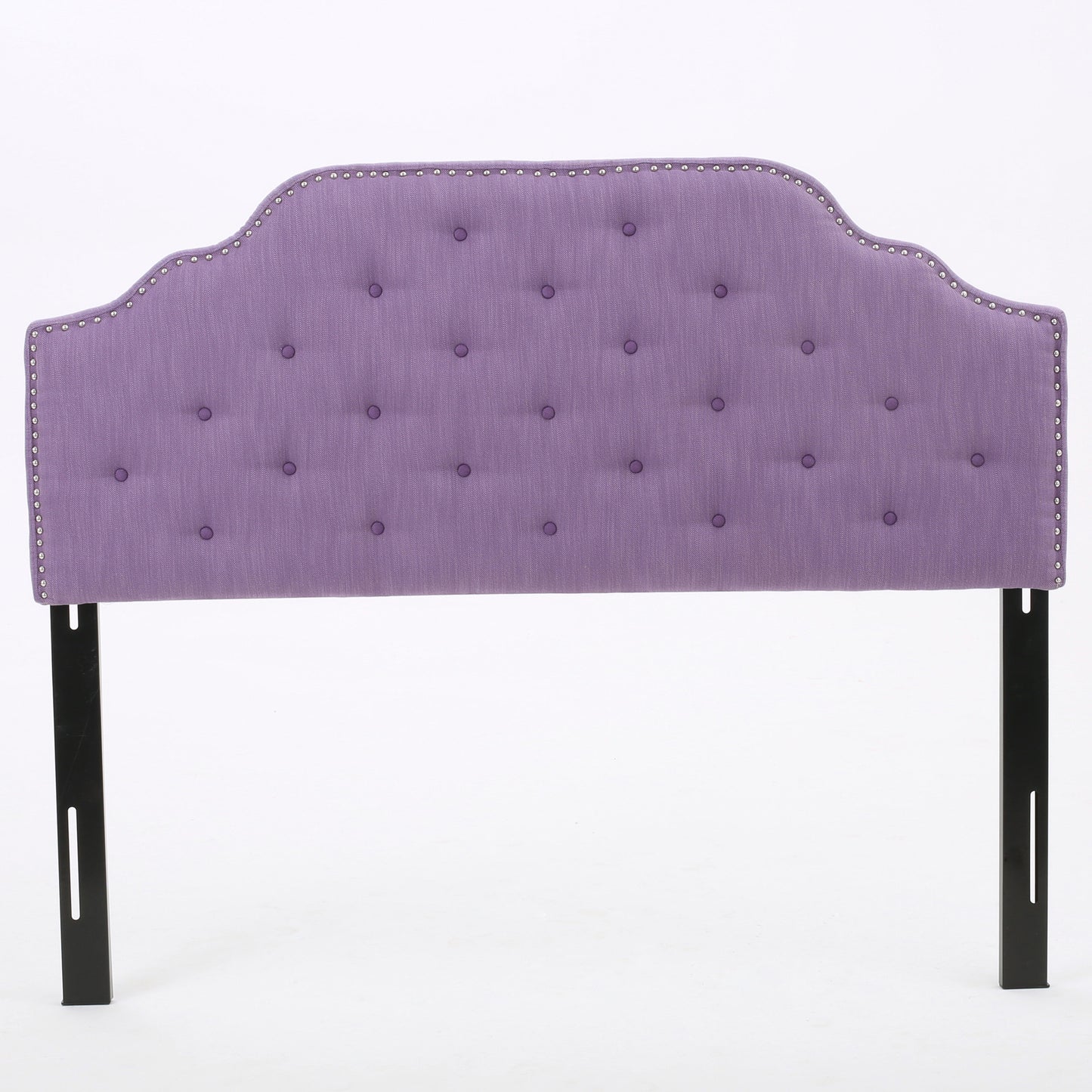 Purple tufted headboard with nailhead trim and black metal legs