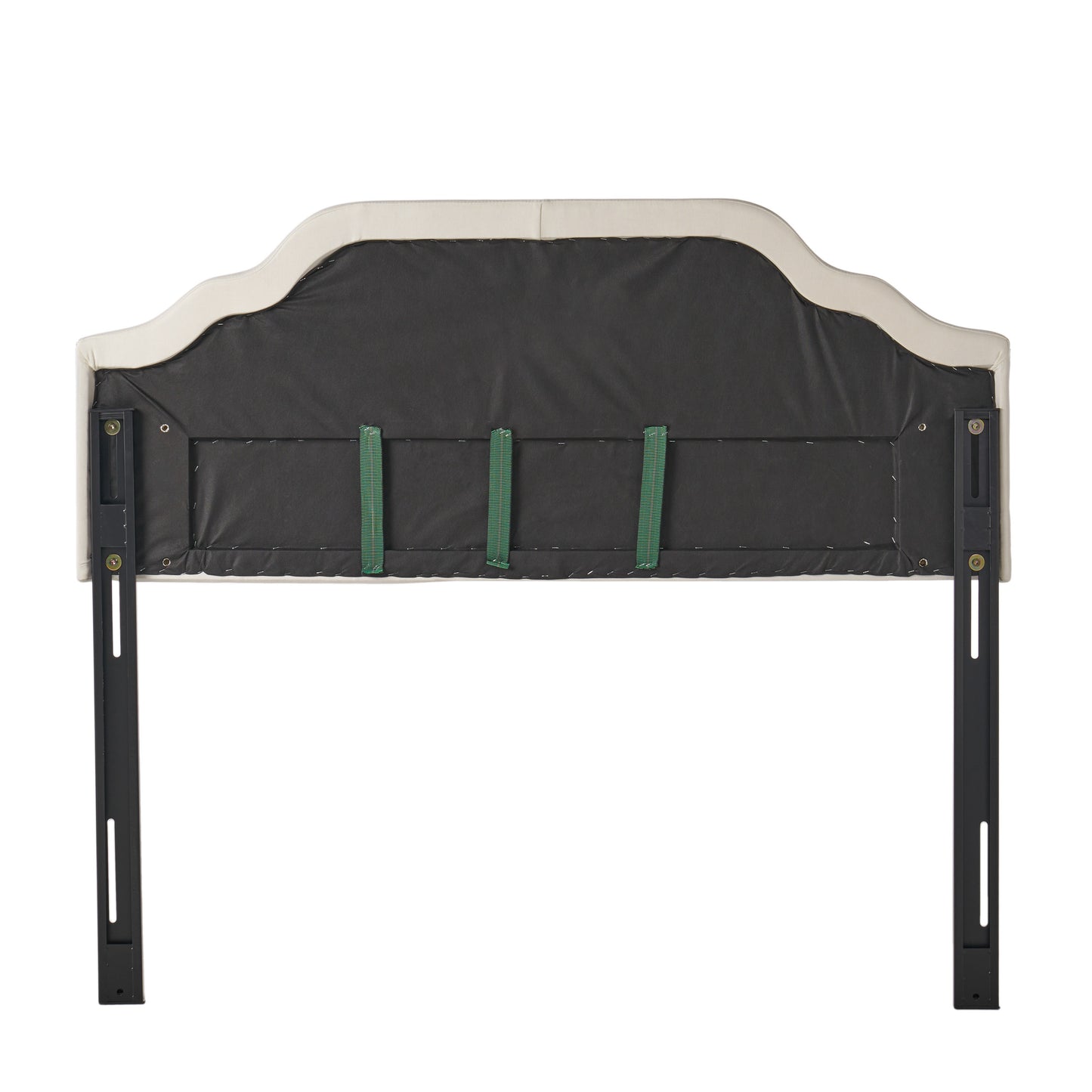 Cream upholstered headboard back view with adjustable metal legs for bed frame attachment