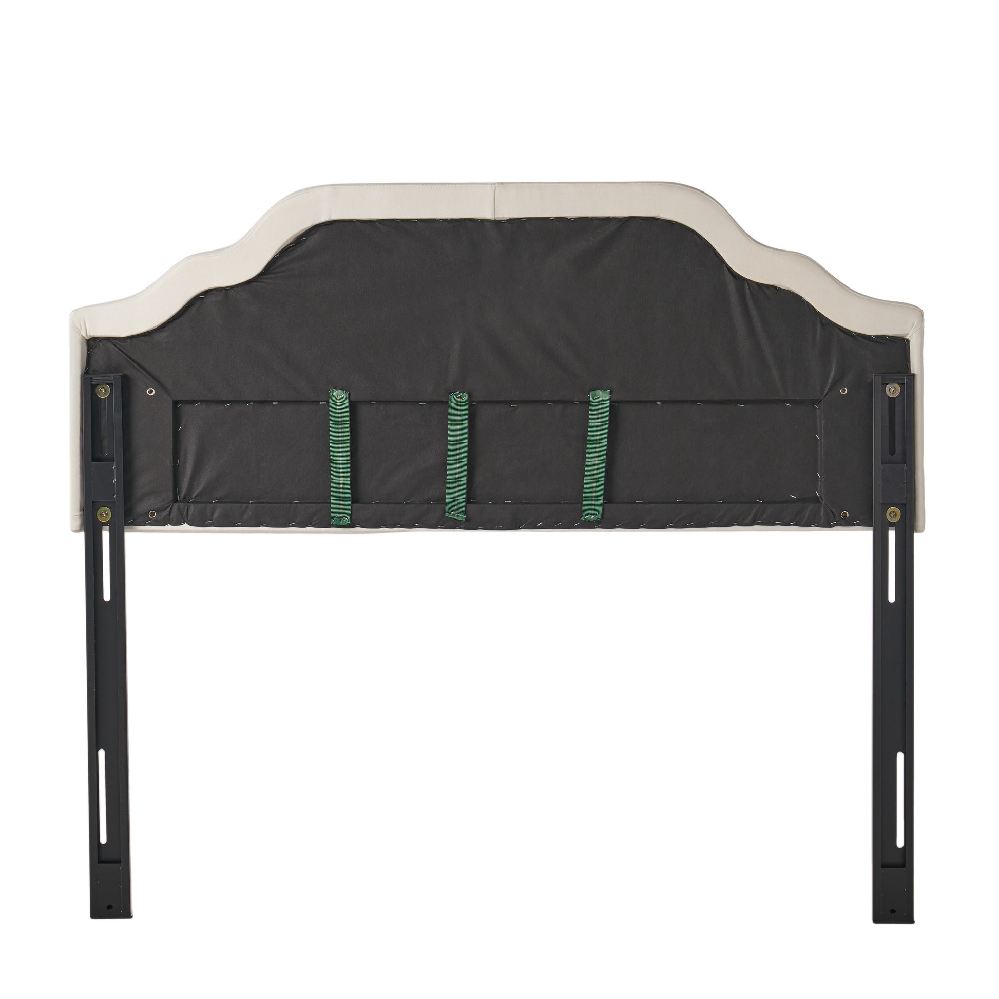 Cream upholstered headboard back view with adjustable metal legs for bed frame attachment