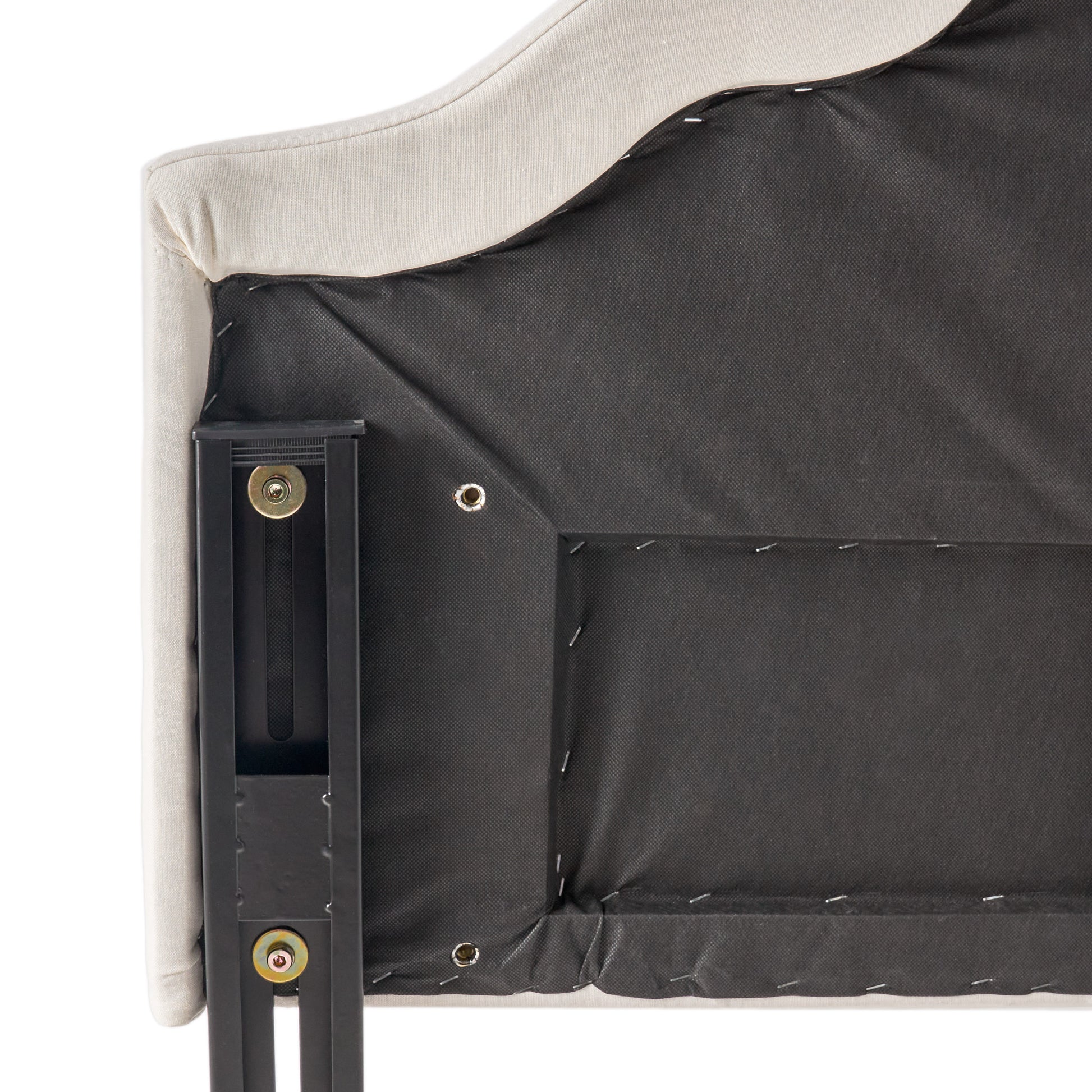 Upholstered headboard back with metal frame bracket and bolt
