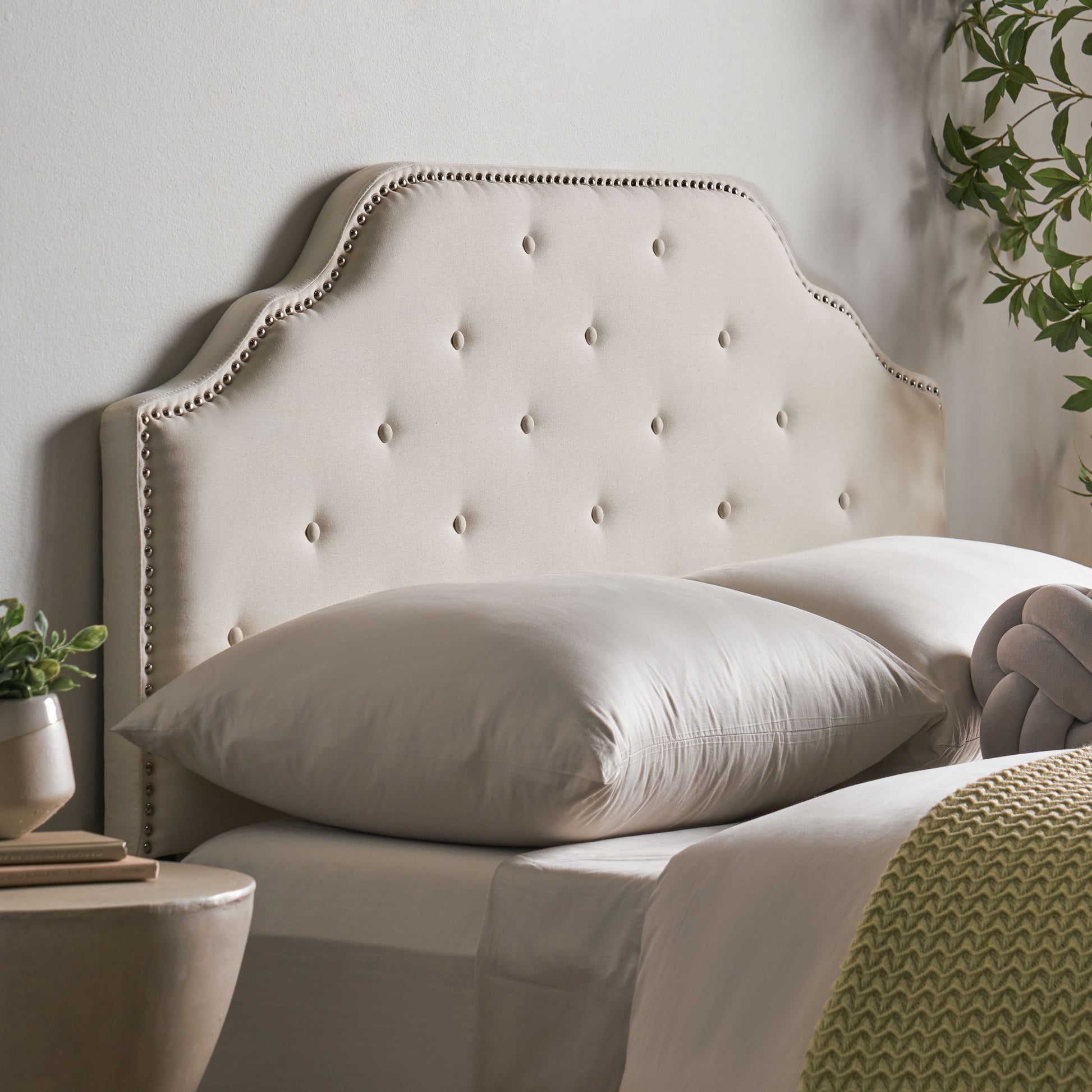 Cream velvet headboard with button tufting and nailhead trim
