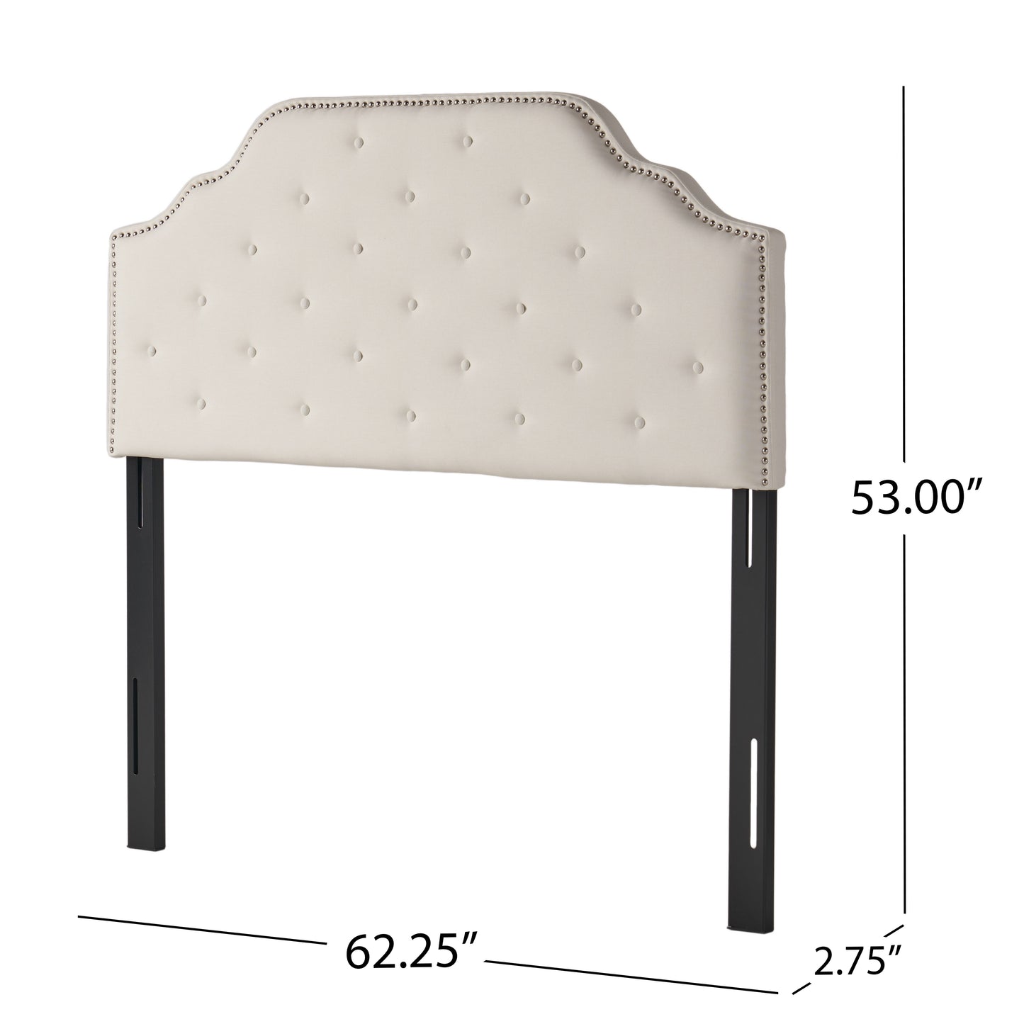Cream tufted headboard with silver nailhead trim and black legs