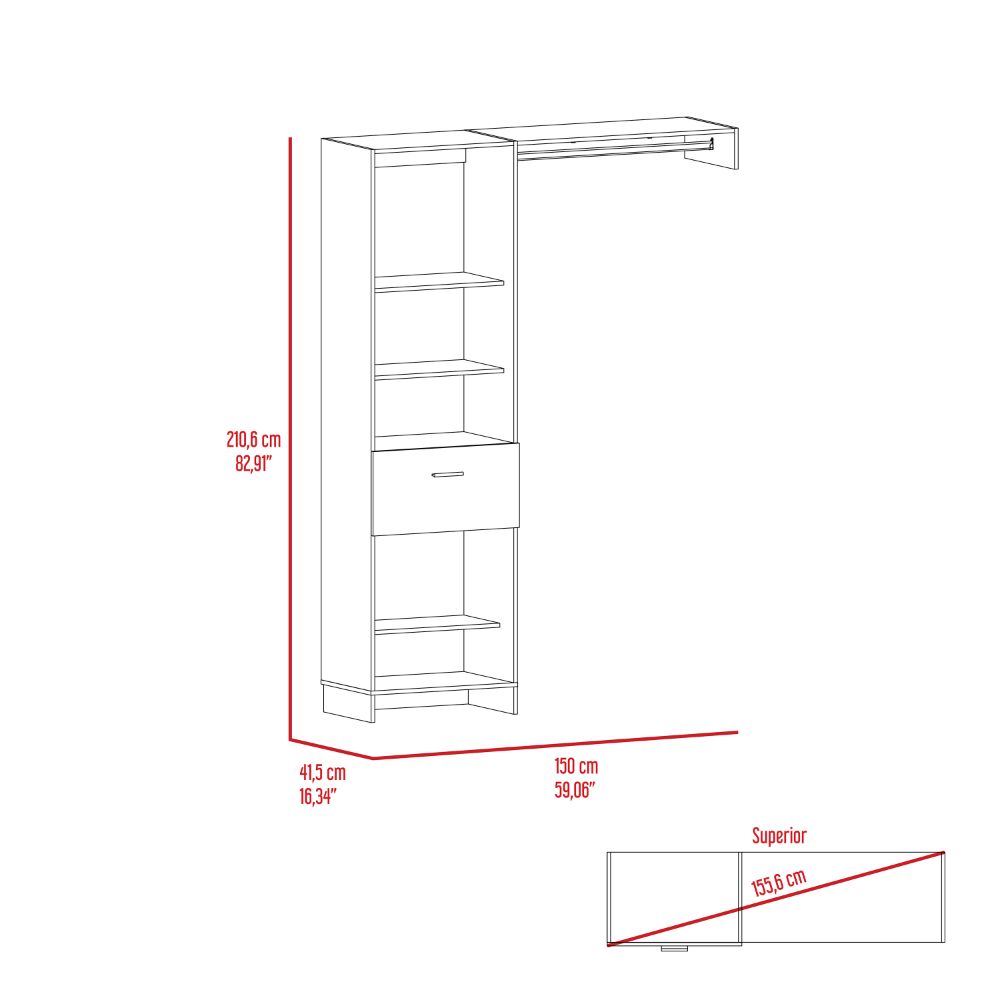 White modular closet system with shelves and a hanging rod dimensions provided