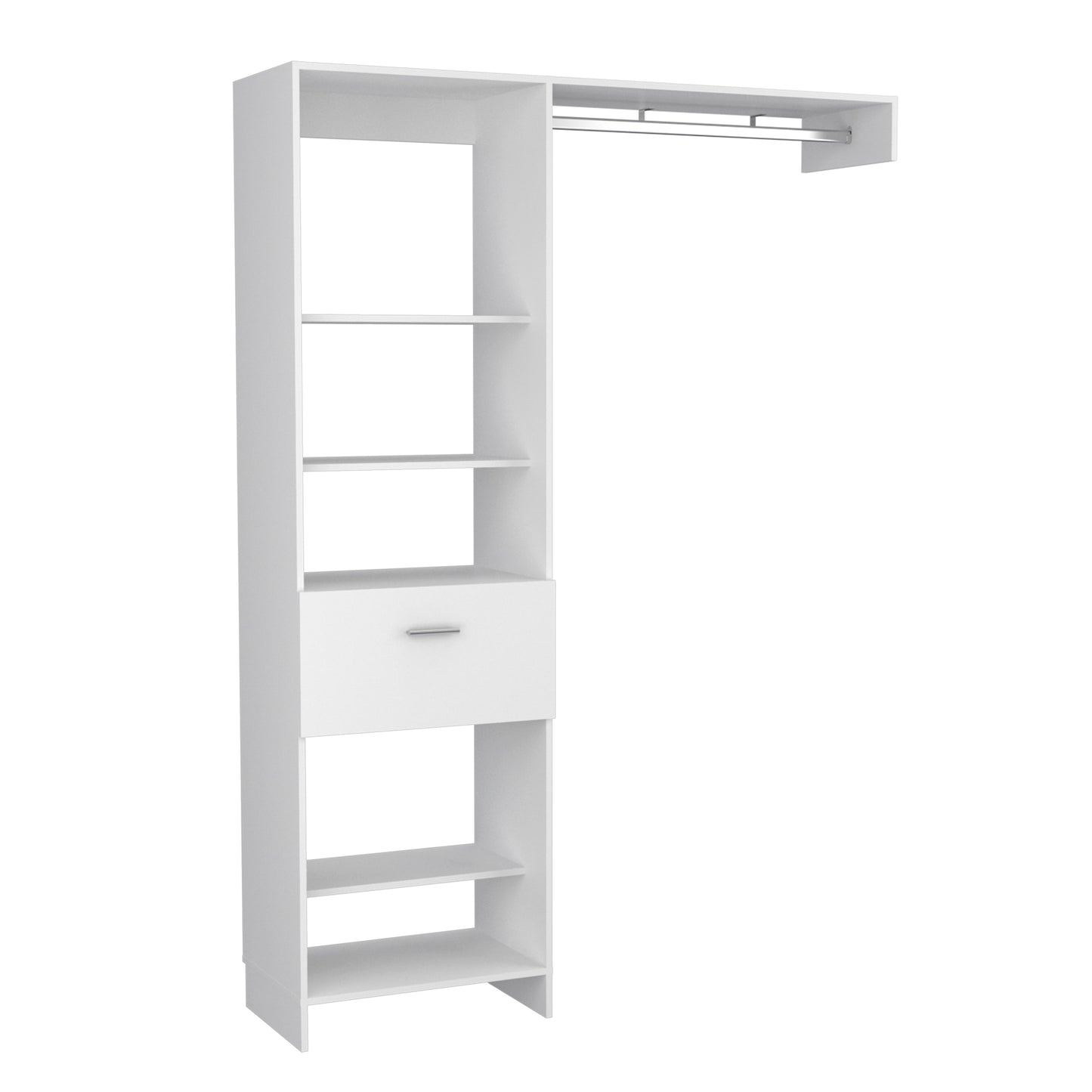 White closet organizer with shelves and a hanging rod