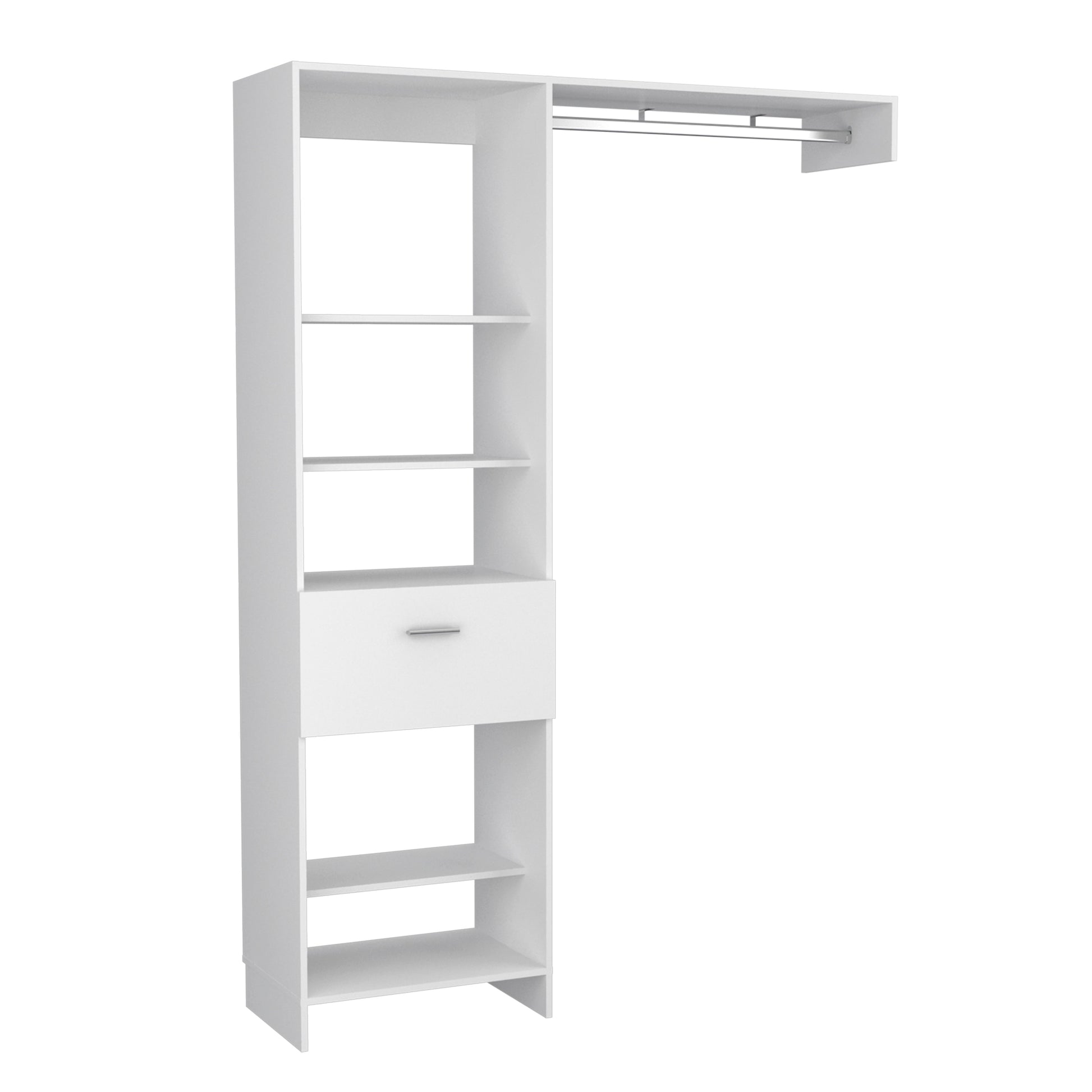 White closet organizer with shelves and a hanging rod