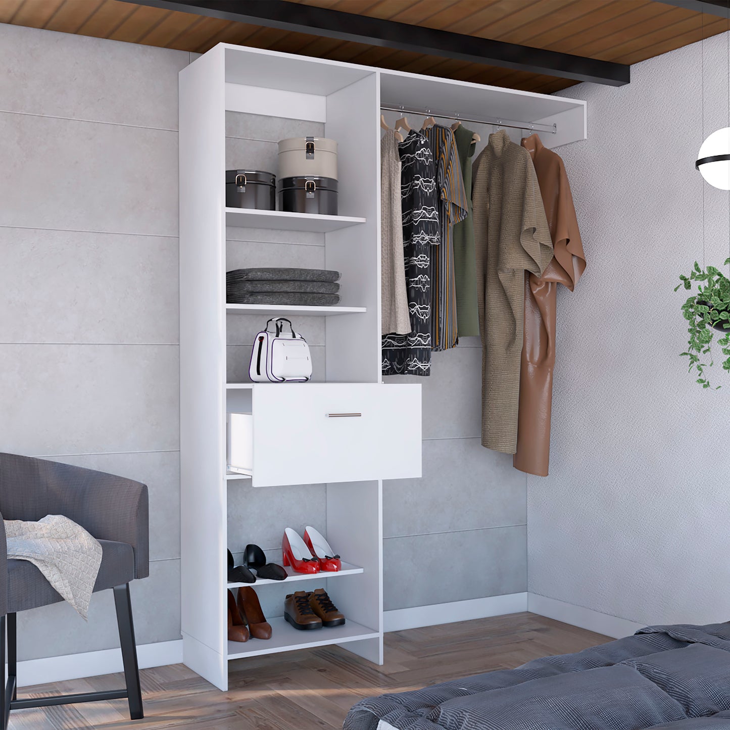 White open closet organizer with shelves hanging clothes and shoe storage