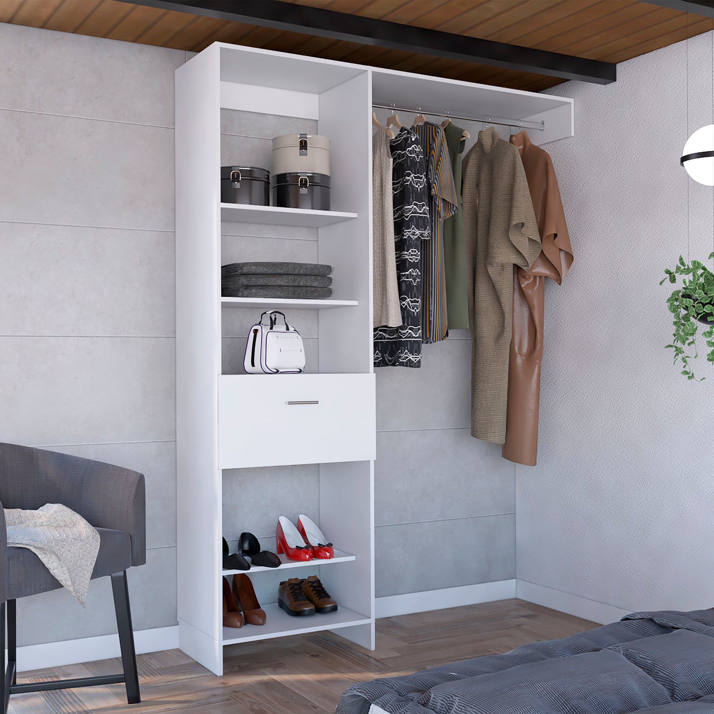 White modern closet organizer with hanging clothes folded towels and shoes
