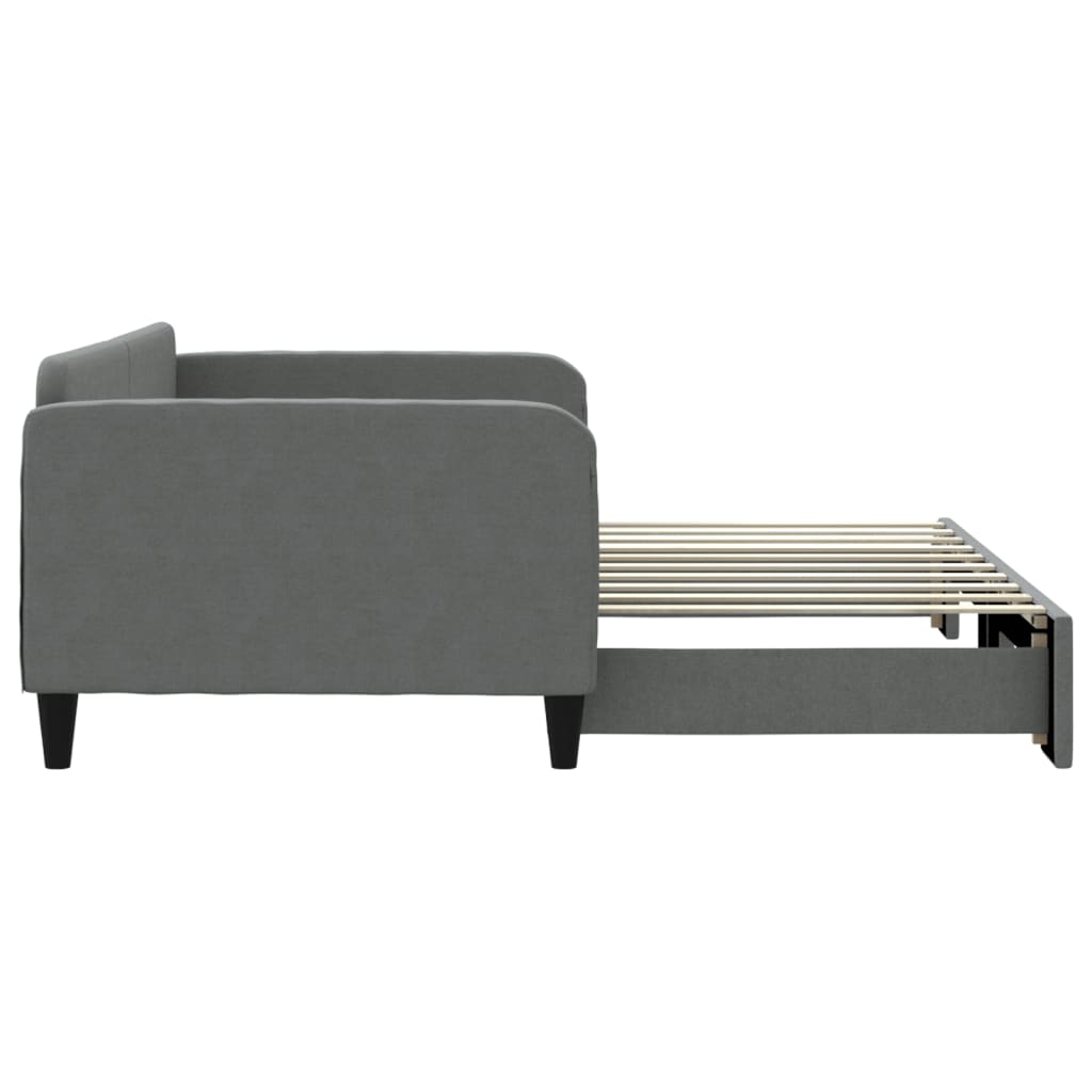 Gray fabric upholstered sofa bed with wooden slats