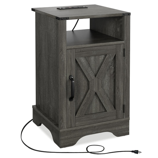 Gray barn door end table with builtin charging station and black hardware