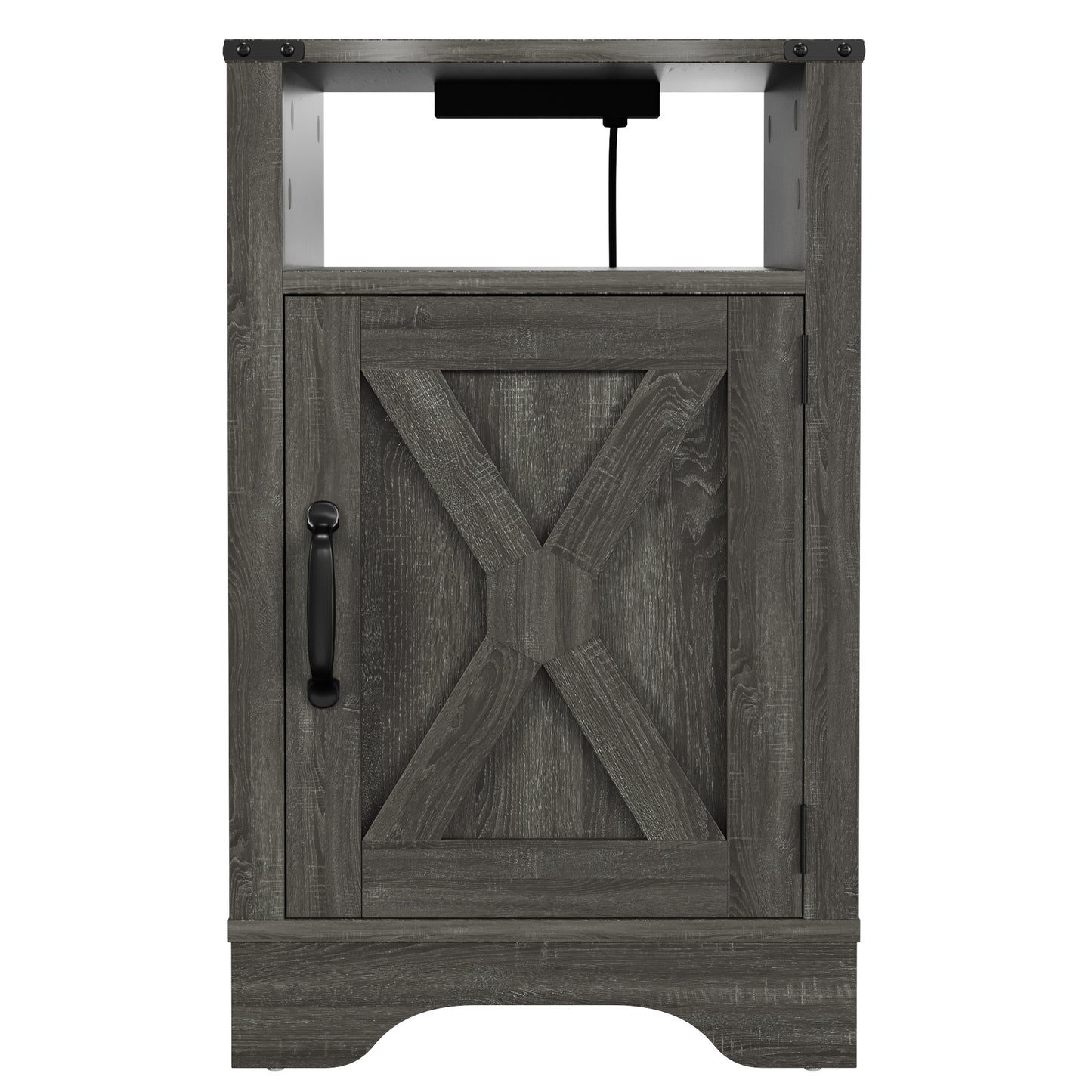 Gray wood barn door nightstand with black hardware