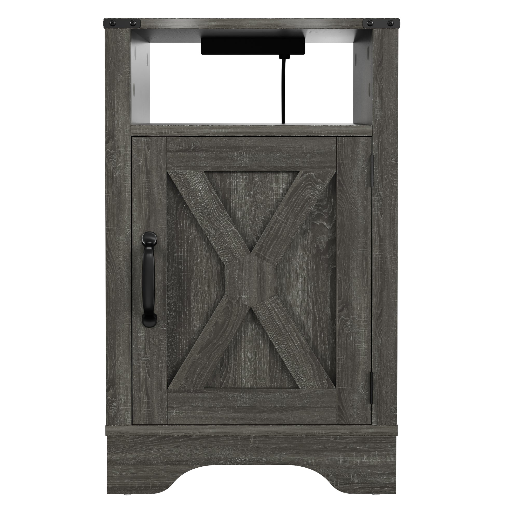 Gray wood barn door nightstand with black hardware
