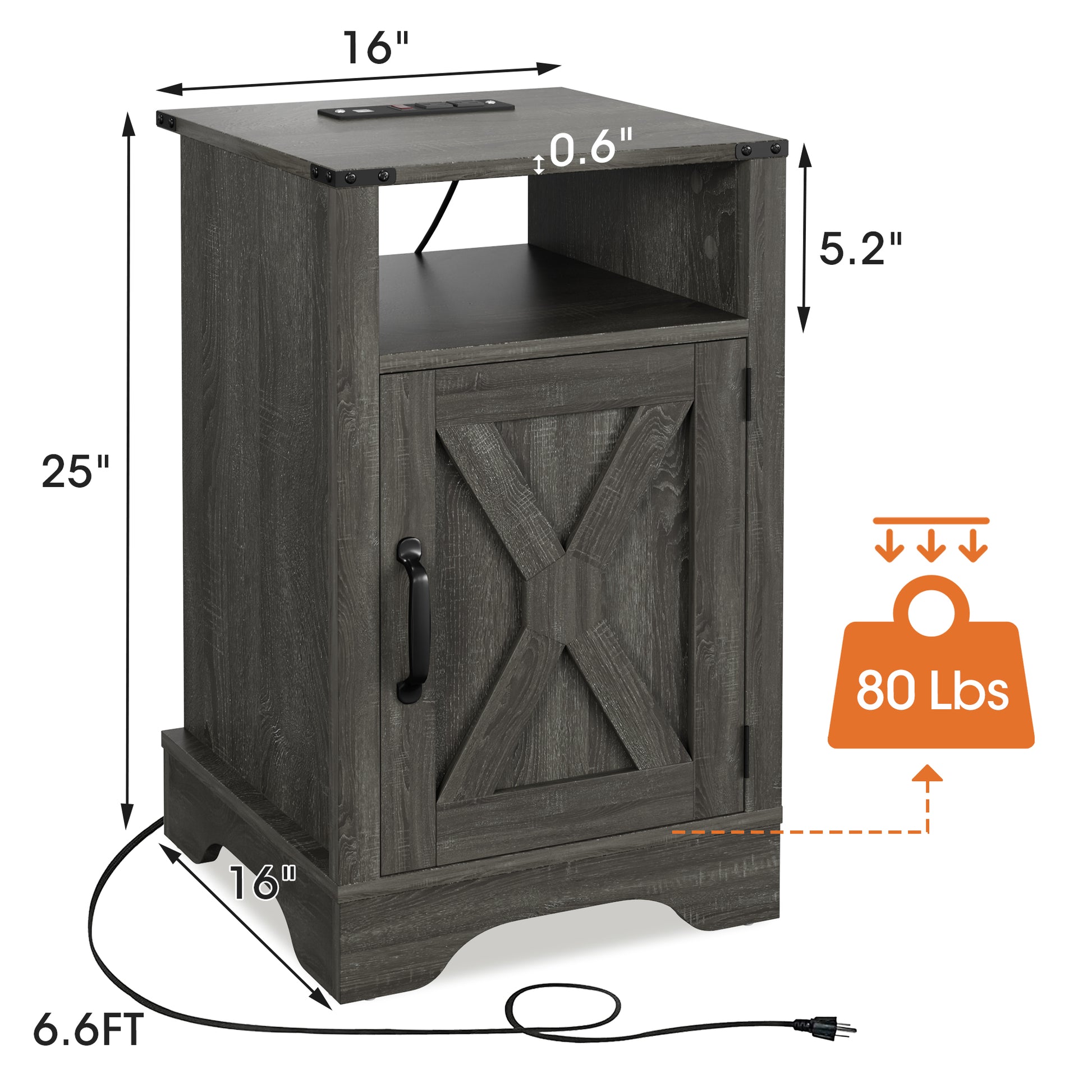 Rustic grey wood nightstand with barn door design and builtin charging station