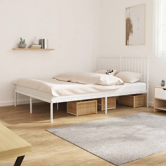 Modern white metal bed frame with upholstered headboard and underbed storage drawers