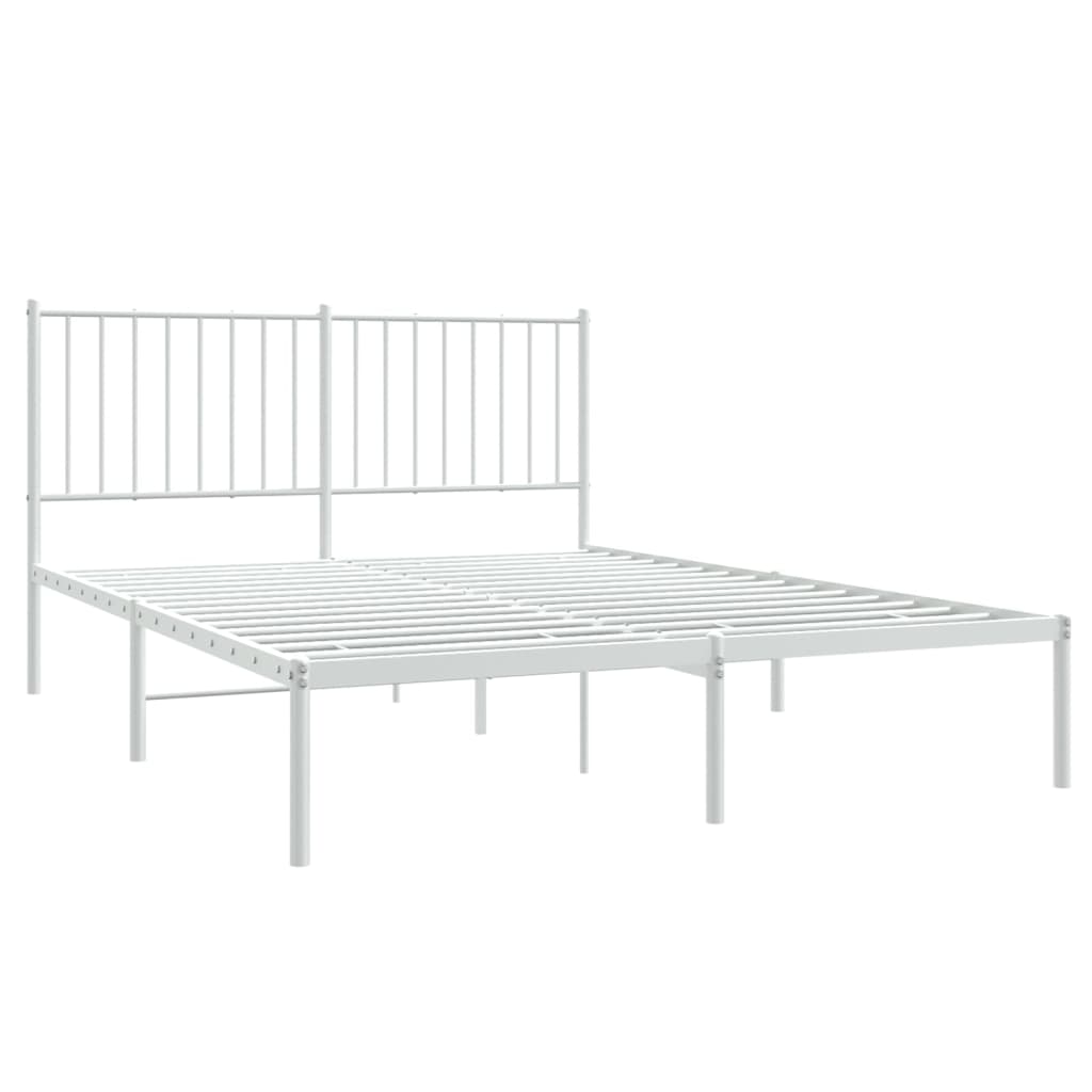 White metal platform bed frame with a simple headboard and a white mattress