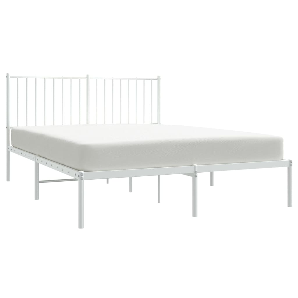 White metal bed frame with slatted base and vertical bar headboard