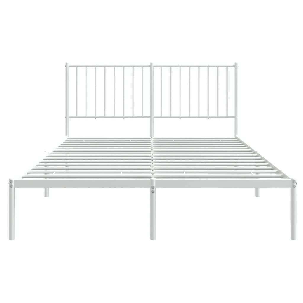 White metal platform bed frame with vertical slat headboard and footboard