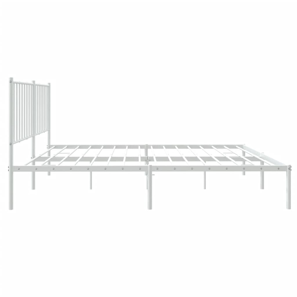 White metal bed frame with a simple slatted headboard and a white mattress