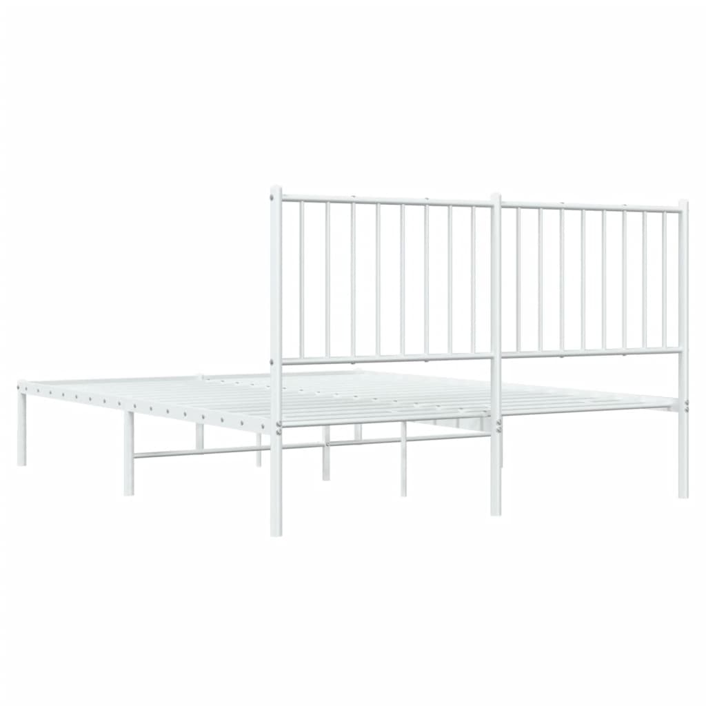 White metal platform bed frame with a slatted headboard