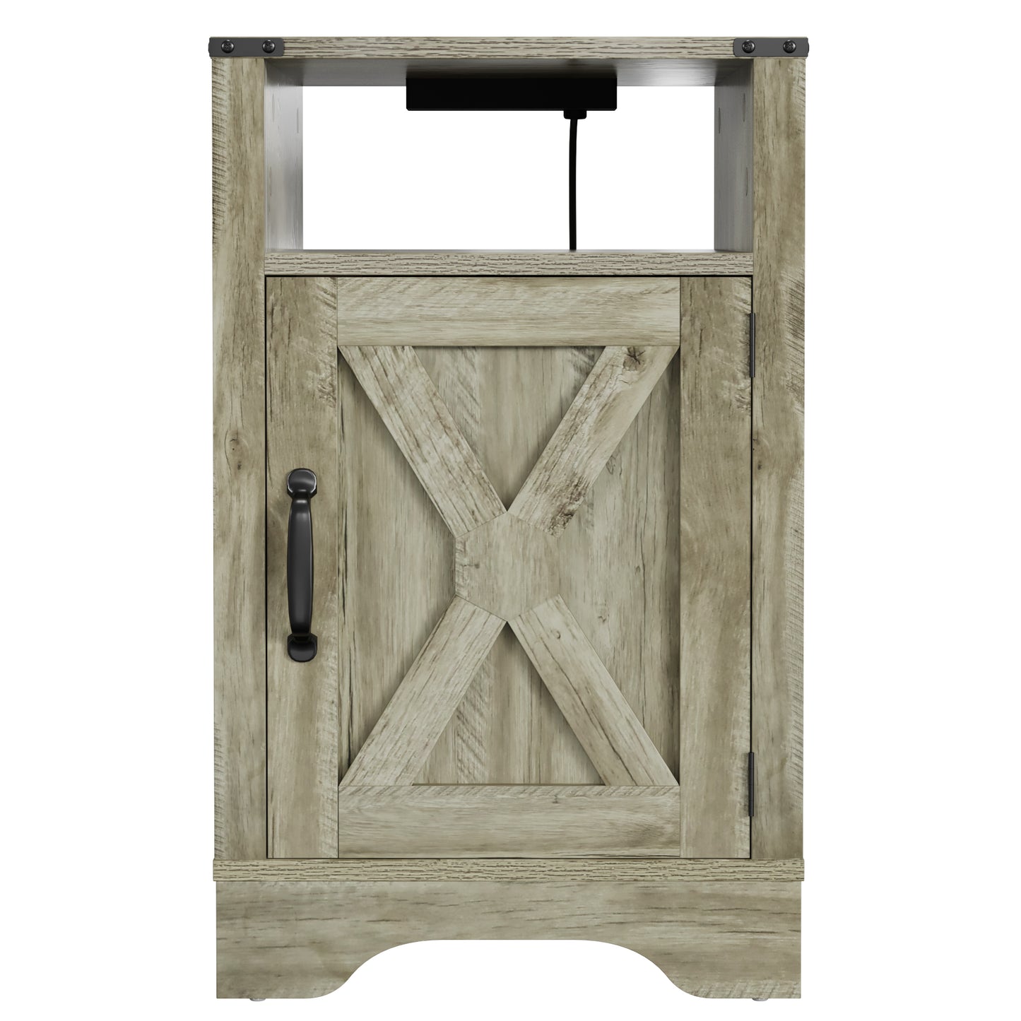 Rustic gray wood nightstand with barn door style