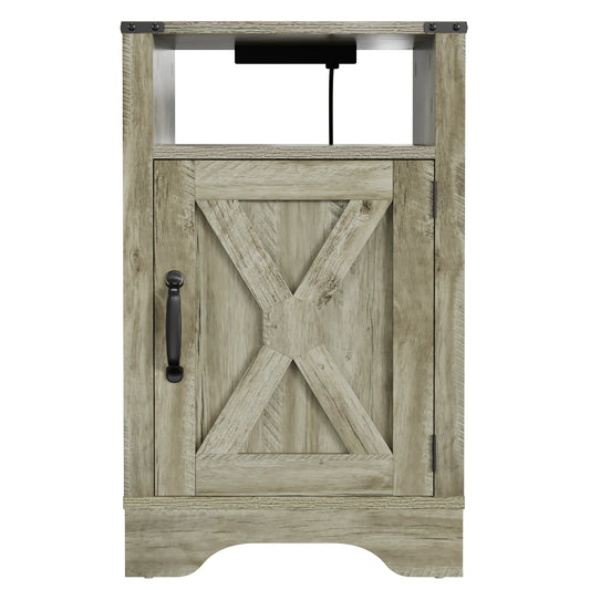 Rustic gray wood nightstand with barn door style