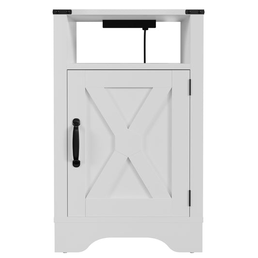 White farmhouse nightstand with black metal hardware and crossbuck door