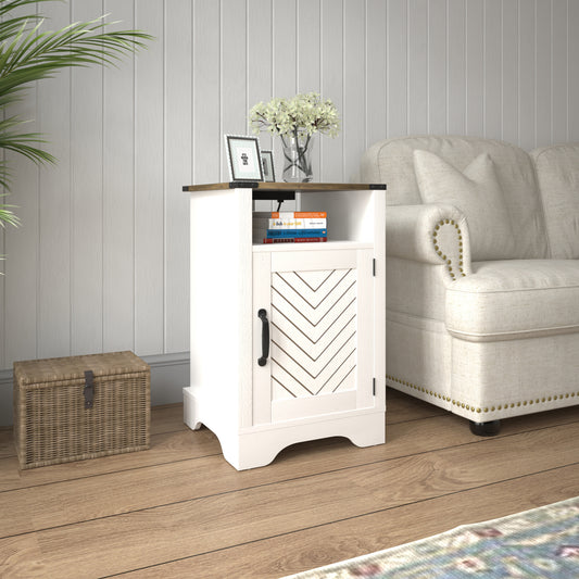 White wooden accent cabinet with chevron door design and dark handle
